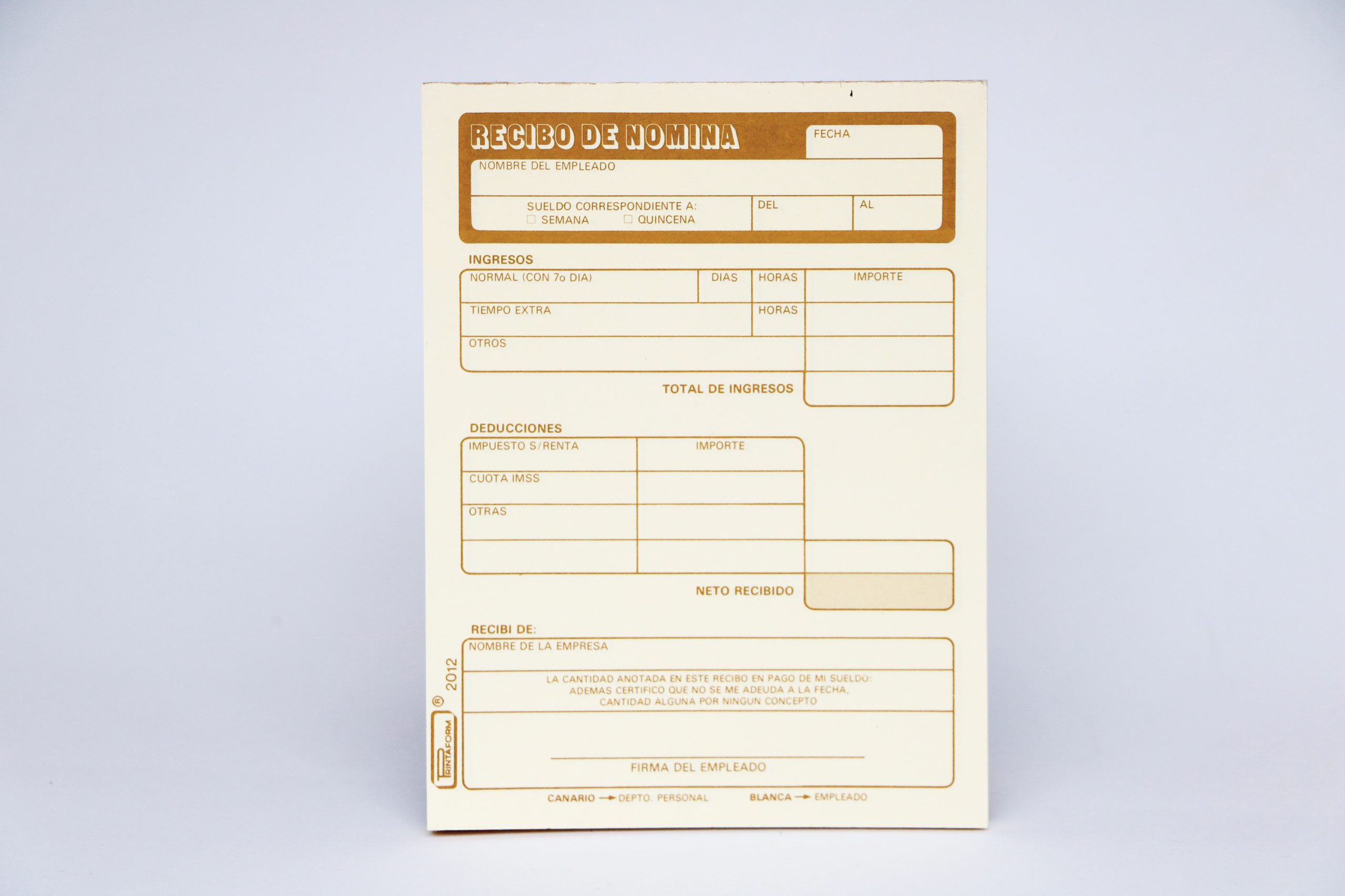RECIBO DE NOMINA 2012 PRINTA. 1/4 CTA. 25 JGO. E(3) C(288)